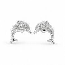 Sterling Silver Rhodium Plated Dolphin Pushback Studs With Cubic Zirconia