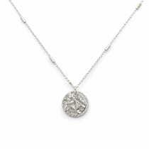 Sterling Silver Rhodium & Yellow Gold Plated Hammered Coin Necklace With Cubic Zirconia