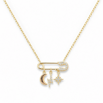 Sterling Silver Rhodium & Yellow Gold Plated Safety Pin Charm Necklace With Cubic Zirconia