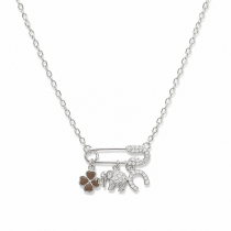 Sterling Silver Rhodium Plated Safety Pin Charm Necklace With Cubic Zirconia