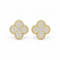 Sterling Silver Yellow Gold Plated Four Leaf Push Back Stud Earrings With Cubic Zirconia