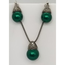 Sterling Silver Green Marcasite Pendant Necklace & Earrings Set 