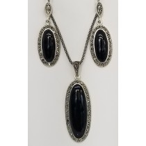 Sterling Silver Black Onyx Marcasite Pendant Necklace & Earrings Set 