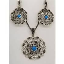 Sterling Silver Turquoise Marcasite Pendant Necklace & Earrings Set 