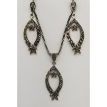 Sterling Silver Marcasite Pendant Necklace & Earrings Set 