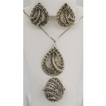 Sterling Silver Marcasite Pendant Necklace Earrings & Ring Set 