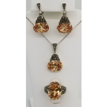 Sterling Silver Citrine Marcasite Pendant Necklace Earrings & Ring Set 