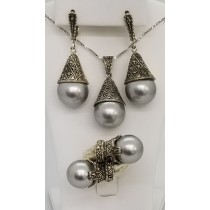 Sterling Silver Grey Pearl Marcasite Pendant Necklace Earrings & Ring Set 