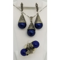 Sterling Silver Blue Marcasite Pendant Necklace Earrings & Ring Set 