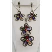 Sterling Silver Multicolor Marcasite Pendant Necklace Earrings & Ring Set 