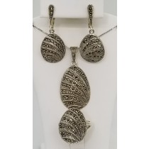 Sterling Silver Marcasite Pendant Necklace Earrings & Ring Set 