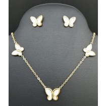 Stainless Steel Yellow Gold Plated Pearl Butterfly Necklace & Earrings Set 