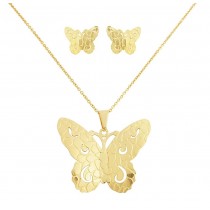 Stainless Steel Yellow Gold Plated Butterfly Necklace & Earrings Set 