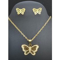 Stainless Steel Yellow Gold Plated Butterfly CZ Necklace & Earrings Set 