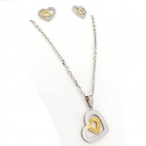Stainless Steel Two Tone Heart CZ Necklace & Earrings Set 