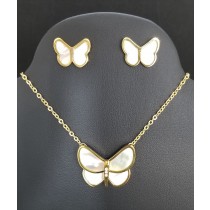 Stainless Steel Yellow Gold Pearl Butterfly Necklace & Earrings Set 