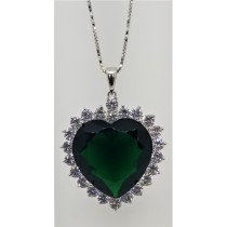 925 Sterling Silver Heart Pendant With Dark Emerald Green Topaz And CZ