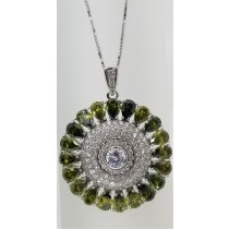 925 Sterling Silver Flower Pendant With Dark Olive Green And CZ