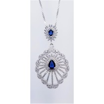 925 Sterling Silver Rhodium Tone Pendant With Sapphire And CZ Stones