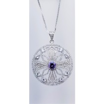 925 Sterling Silver Rhodium Tone Pendant With Amethyst And CZ Stones