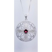 925 Sterling Silver Rhodium Tone Pendant With Ruby And CZ Stones 
