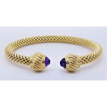925 Sterling Silver Yellow Gold Tone Bangle With Amethyst Stones