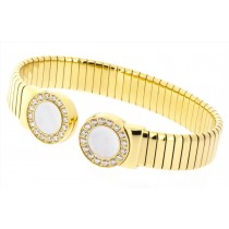 Stainless Steel Gold Tone Ladies Bangle With Pearl And CZ Stones