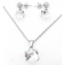 Stainless Steel Pendant & Earrings Set With Clear Stone