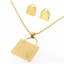 Stainless Steel Yellow Gold Tone Handbag Design Necklace & Earring Set 18 Inches Long