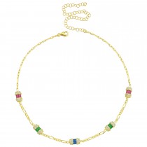 Sterling Silver Yellow Gold Plated Square Baguette Station Necklace With Multicolor Cubic Zirconia