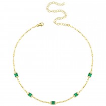 Sterling Silver Yellow Gold Plated Square Baguette Station Necklace With White & Emerald Cubic Zirconia