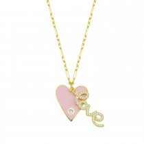Sterling Silver Yellow Gold Plated Heart & Love Necklace With Light Pink Enamel & White Cubic Zirconia
