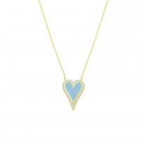 Sterling Silver Yellow Gold Plated Light Blue Enamel Heart Necklace With Cubic Zirconia