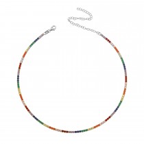 Sterling Silver Rhodium Plated Dainty Tennis Choker Necklace With Multicolor CZ