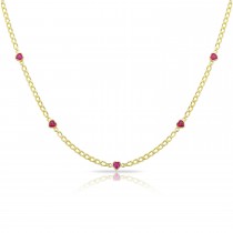 Sterling Silver Cuban Link Heart Station Necklace With Ruby Cubic Zirconia