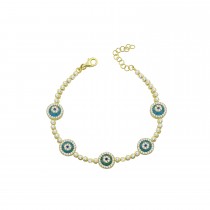 Sterling Silver Yellow Gold Plated Evil Eye Tennis Bracelet With Blue Glass & Cubic Zirconia