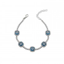 Sterling Silver Rhodium Plated Evil Eye Tennis Bracelet With Blue Glass & Cubic Zirconia