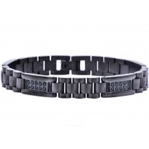 Stainless Steel Men's Black Link Bracelet With Black Cubic Zirconia