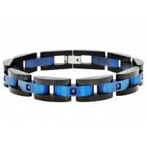 Stainless Steel Curved Link Black and Blue Men's Bracelet With Cubic Zirconia