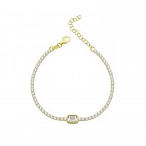 Sterling Silver Yellow Gold Plated Emerald Cut Center Stone Tennis Bracelet With Cubic Zirconia