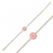 Sterling Silver Yellow Gold Plated Smiley Face Tennis Bracelet With Baby Pink Enamel & Cubic Zirconia