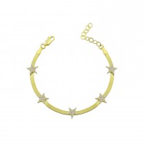 Sterling Silver Yellow Gold Plated Star Charm Herringbone Bracelet With White Cubic Zirconia