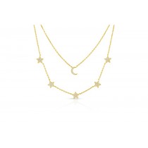 Sterling Silver Yellow Gold Plated 2 Layers Star & Moon Necklace With CZ 16+14+2"