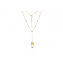 Sterling Silver Yellow Gold Plated Hamsa Lariat Necklace With CZ 16+2"
