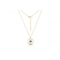 Sterling Silver Yellow Gold Plated Evil Eye Necklace With Mother Of Pearl Enamel & CZ 16+2"