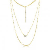 Sterling Silver Yellow Gold Plated 3 Layers Necklace With Emerald Cut CZ 