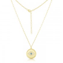 Sterling Silver Yellow Gold Plated Evil Eye Disk Necklace With CZ 16+2"