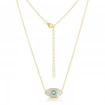 Sterling Silver Yellow Gold Plated Evil Eye Necklace With Mother Of Pearl Enamel & CZ 16+2"