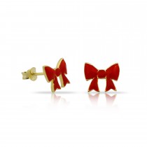 Sterling Silver Yellow Gold Plated Bow Studs With Red Enamel