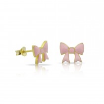 Sterling Silver Yellow Gold Plated Bow Studs With Baby Pink Enamel